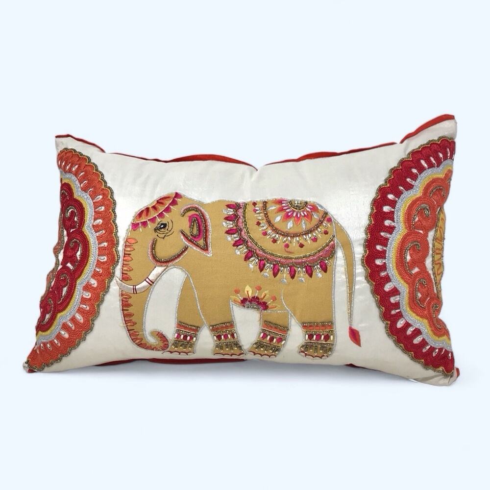 Elephant Beaded & Embroidered White Red & Beige Pillow by Atira Designs